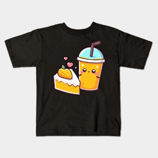 Cute Kawaii Illustration of a Mango Milkshake and a Mango Cake | Kawaii Food Kids T-Shirt